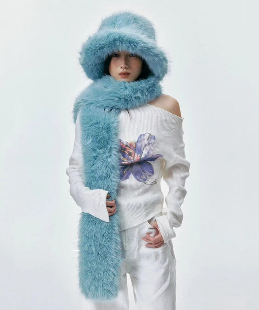 Boutique Blue Fuzzy Fur Fluffy Warm Bucket Hat Scarf Set