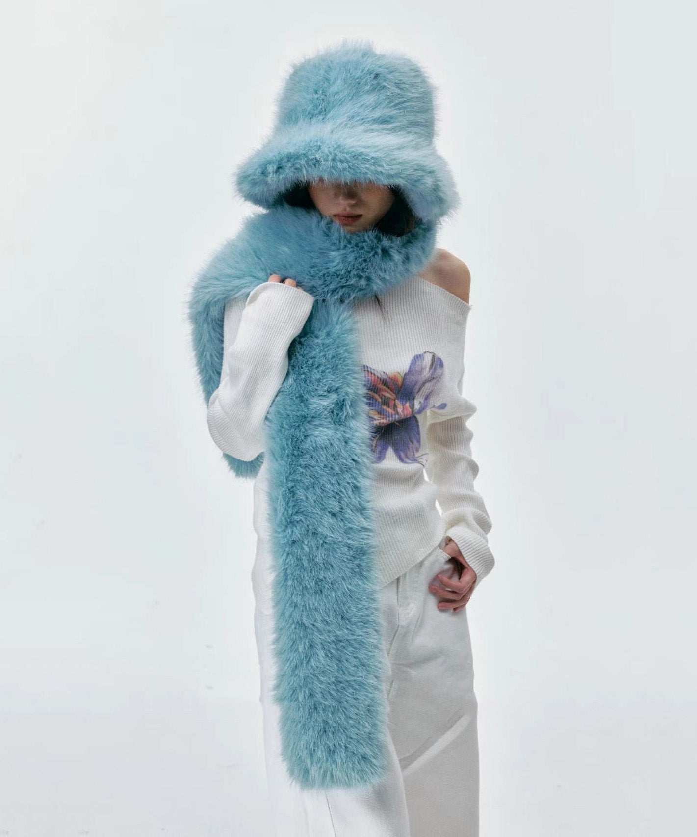 Boutique Blue Fuzzy Fur Fluffy Warm Bucket Hat Scarf Set