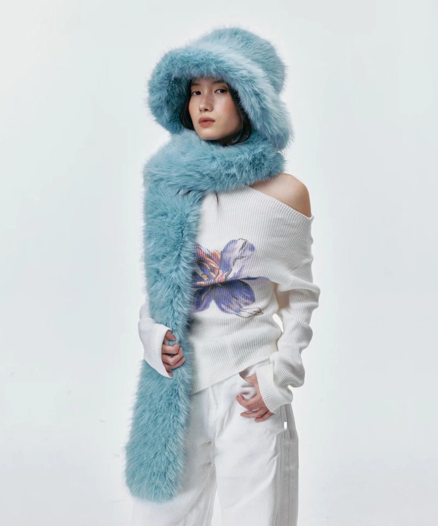 Boutique Blue Fuzzy Fur Fluffy Warm Bucket Hat Scarf Set