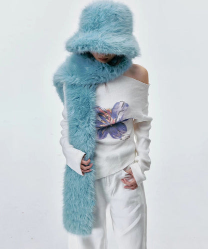 Boutique Blue Fuzzy Fur Fluffy Warm Bucket Hat Scarf Set