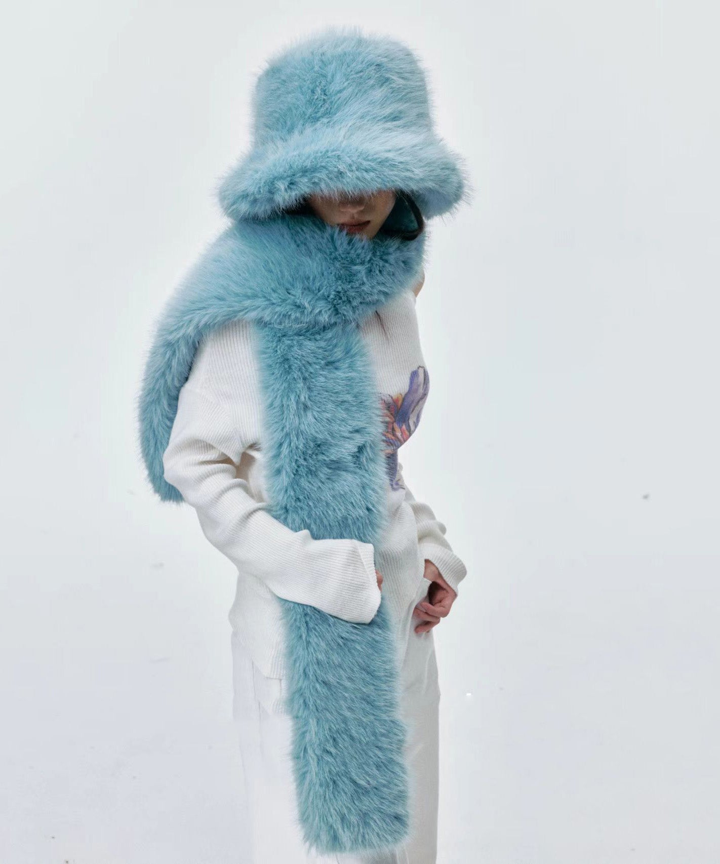 Boutique Blue Fuzzy Fur Fluffy Warm Bucket Hat Scarf Set