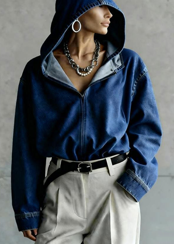 Boutique Blue Hooded Loose Denim Top Spring