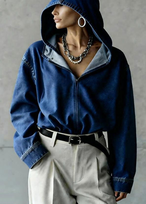 Boutique Blue Hooded Loose Denim Top Spring