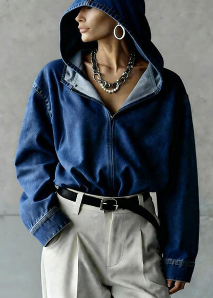 Boutique Blue Hooded Loose Denim Top Spring
