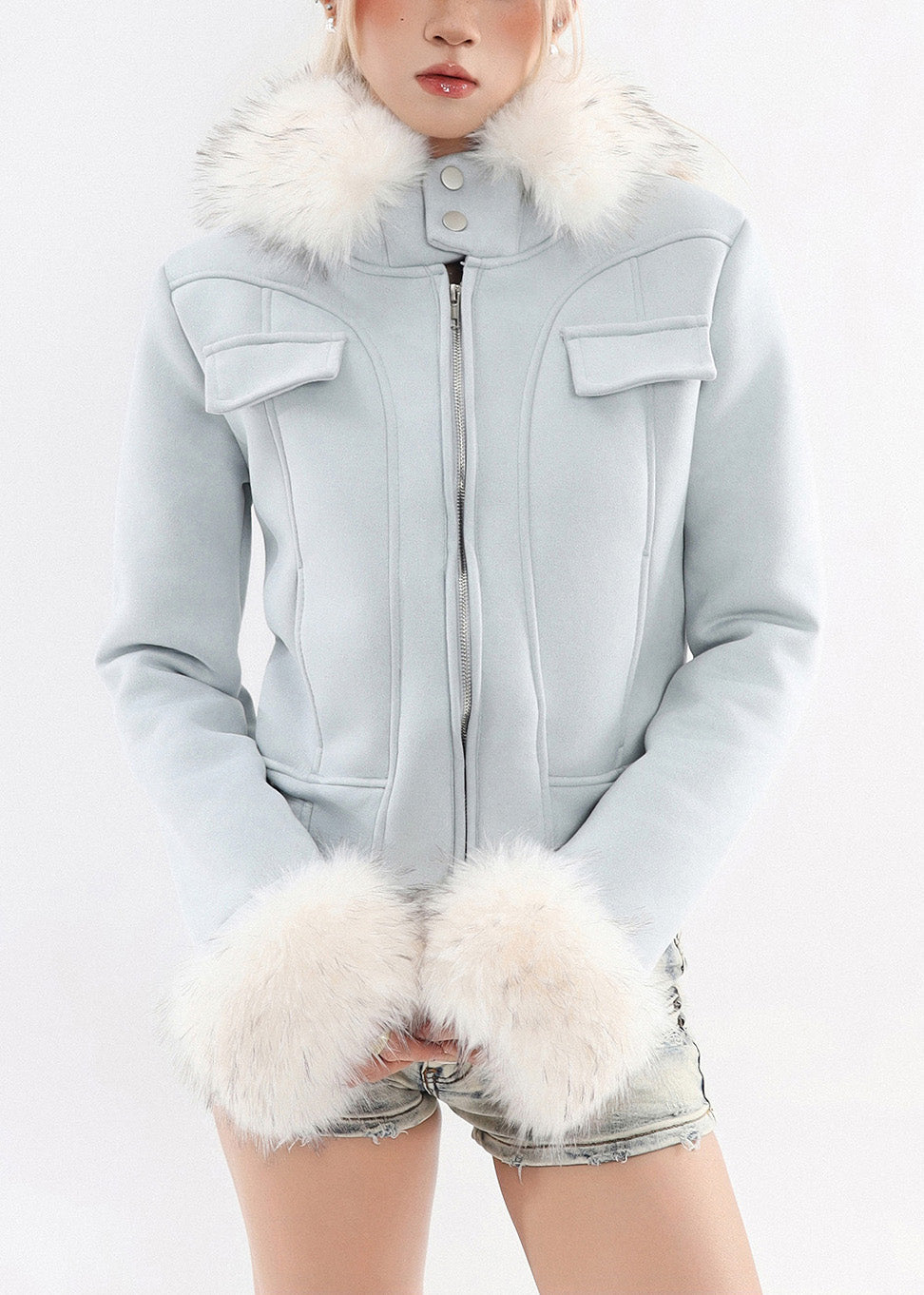 Boutique Blaue Kapuzen-Patchwork-Kunstpelz-Warmfleecejacke Winter