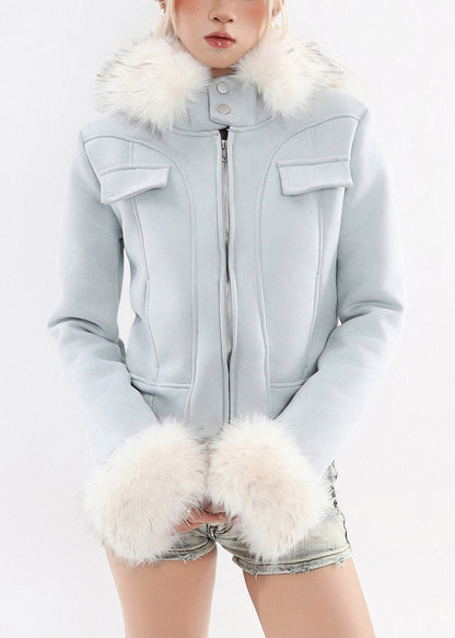 Boutique Blaue Kapuzen-Patchwork-Kunstpelz-Warmfleecejacke Winter