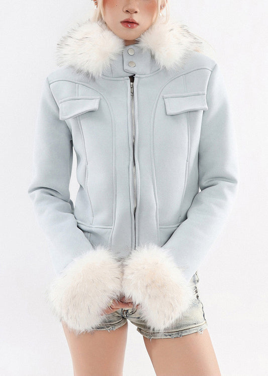 Boutique Blaue Kapuzen-Patchwork-Kunstpelz-Warmfleecejacke Winter