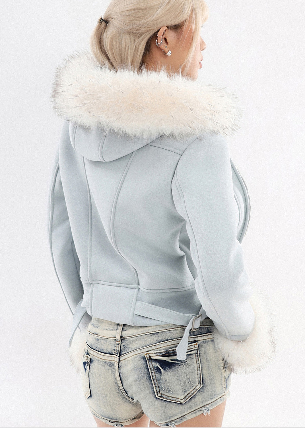 Boutique Blaue Kapuzen-Patchwork-Kunstpelz-Warmfleecejacke Winter