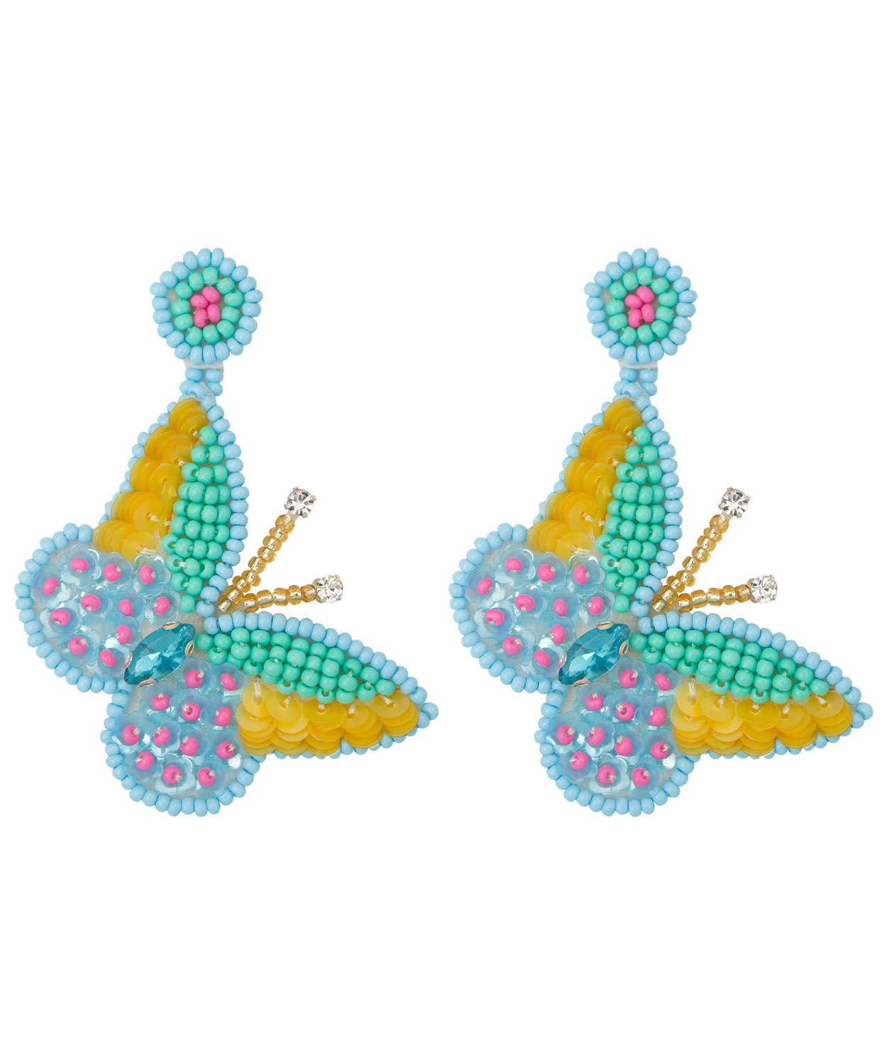 Boutique Ohrringe mit Reisbällchen und Schmetterlingen aus Strickstoff, Blau