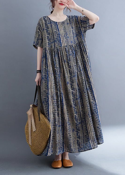 Boutique Blau O-Ausschnitt Cinched Print Extra großer Saum Urlaubskleid Kurzarm