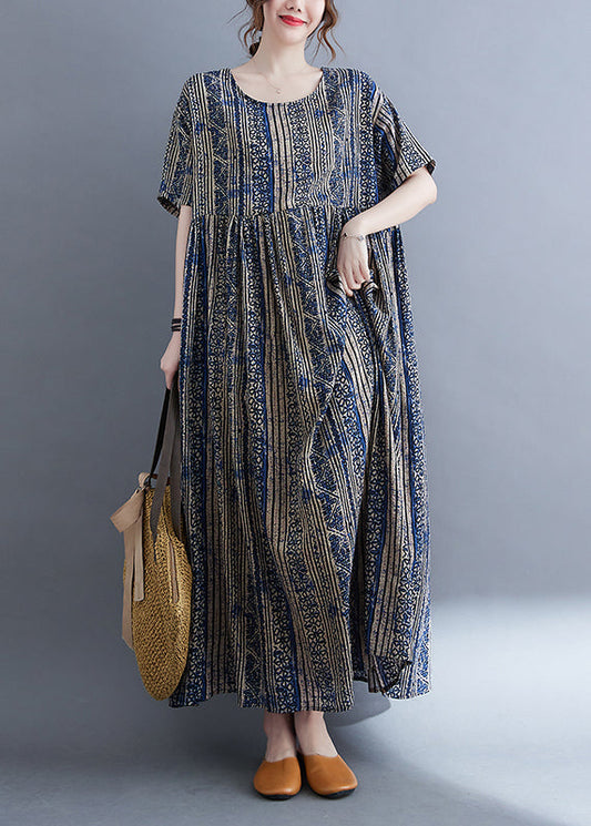 Boutique Blau O-Ausschnitt Cinched Print Extra großer Saum Urlaubskleid Kurzarm