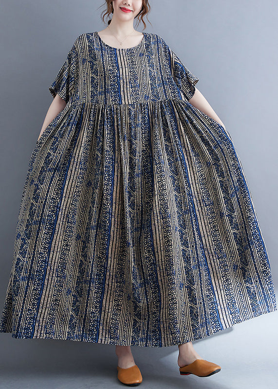 Boutique Blau O-Ausschnitt Cinched Print Extra großer Saum Urlaubskleid Kurzarm