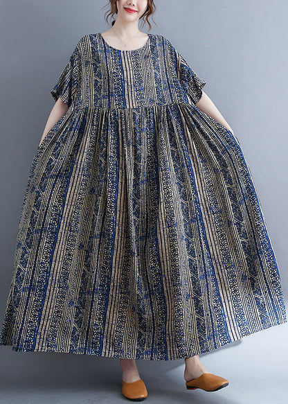 Boutique Blau O-Ausschnitt Cinched Print Extra großer Saum Urlaubskleid Kurzarm