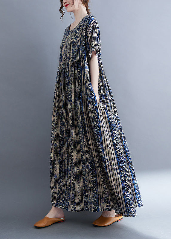 Boutique Blau O-Ausschnitt Cinched Print Extra großer Saum Urlaubskleid Kurzarm