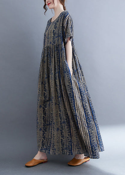 Boutique Blau O-Ausschnitt Cinched Print Extra großer Saum Urlaubskleid Kurzarm