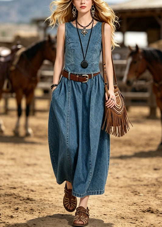 Boutique Blue O Neck Patchwork Denim Two Pieces Set Summer