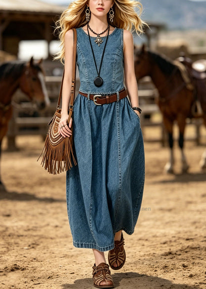 Boutique Blue O Neck Patchwork Denim Two Pieces Set Summer