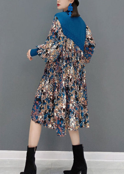 Boutique Blau O-Ausschnitt stricken Patchwork Chiffon Urlaub Kleid Frühling