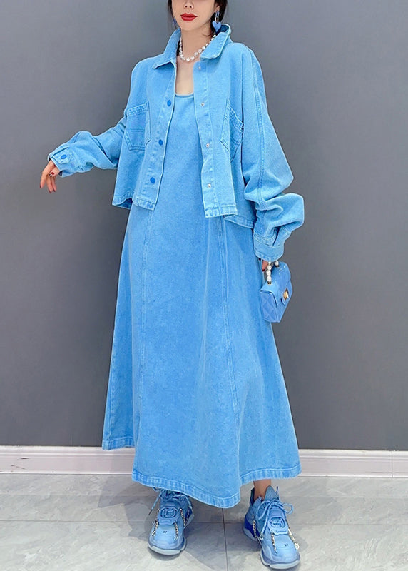 Boutique Blue Oversized Denim Two Piece Set Fall