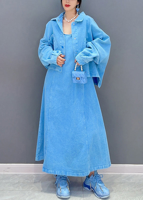 Boutique Blue Oversized Denim Two Piece Set Fall