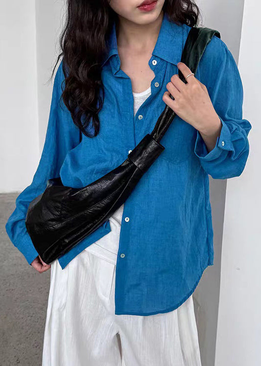 Boutique Blue Patchwork Button Solid Shirt Spring