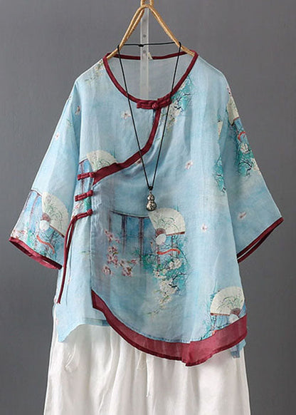 Boutique Blau Patchwork Print Leinen Hemd Tops Frühling