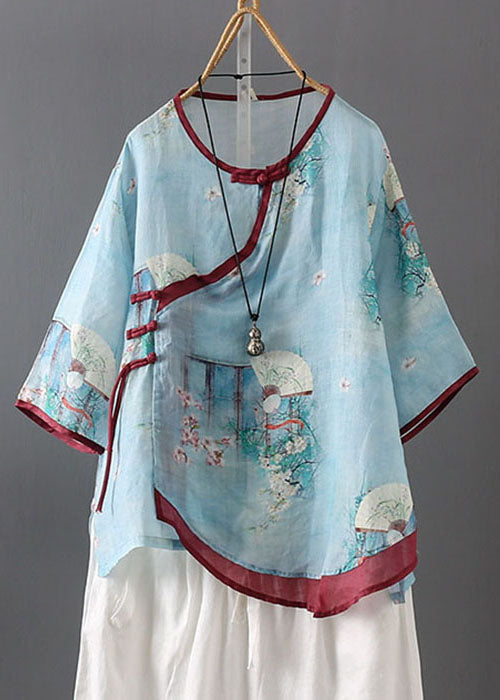 Boutique Blau Patchwork Print Leinen Hemd Tops Frühling