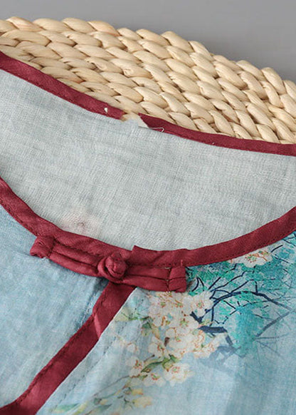 Boutique Blau Patchwork Print Leinen Hemd Tops Frühling