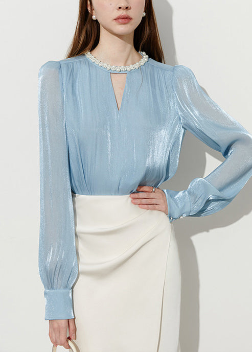 Boutique Blue Pearl Draping Silk Shitr Tops Spring