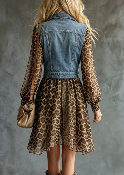Boutique Blue Peter Pan Collar Denim Patchwork Holiday Chiffon Mid Dress Lantern Sleeve