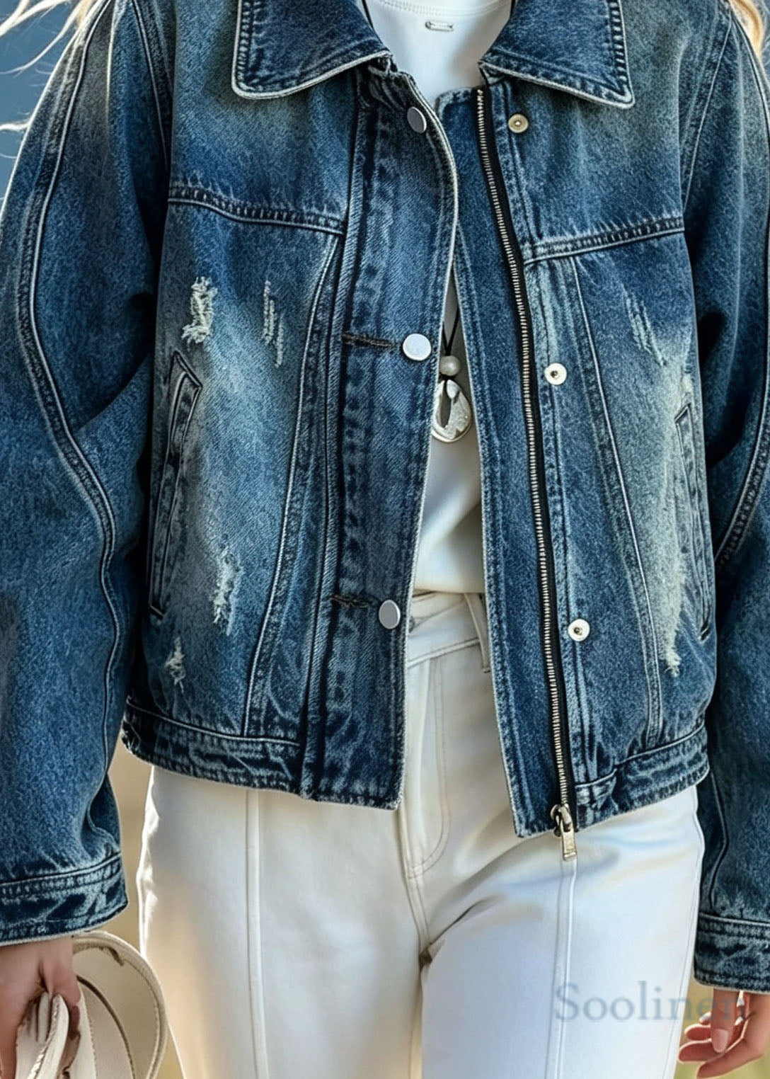 Boutique Blue Peter Pan Collar Pockets Patchwork Denim Jacket Fall