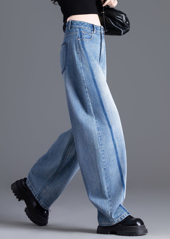 Boutique Blue Pockets Patchwork High Waist Denim Pants Spring