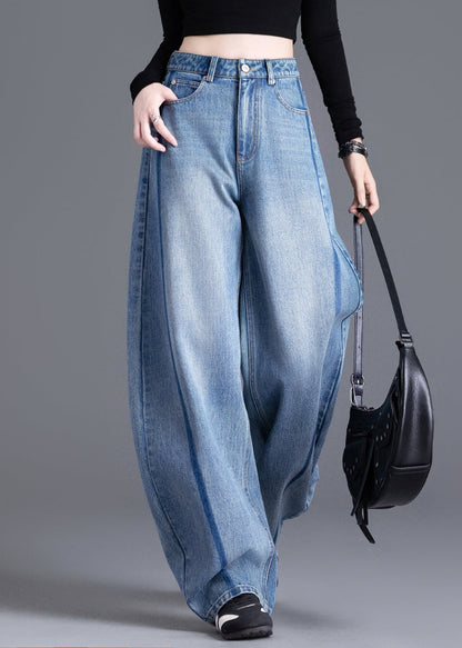 Boutique Blue Pockets Patchwork High Waist Denim Pants Spring