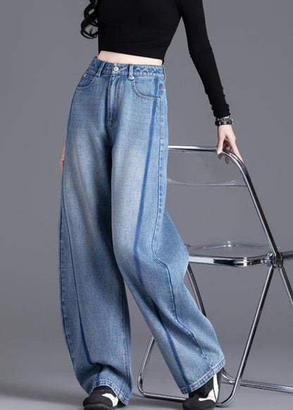 Boutique Blue Pockets Patchwork High Waist Denim Pants Spring