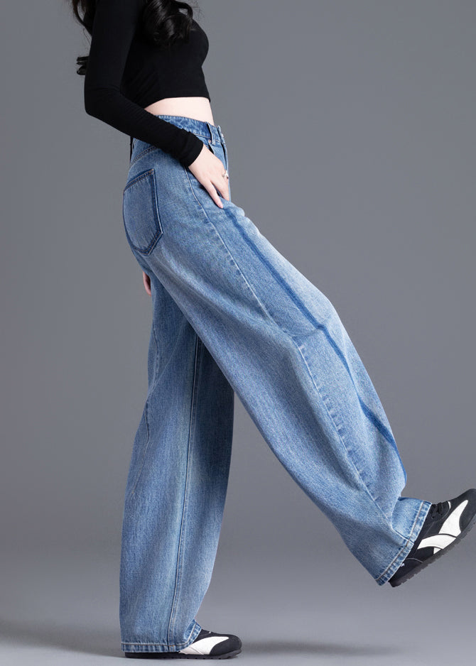Boutique Blue Pockets Patchwork High Waist Denim Pants Spring