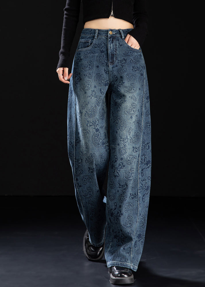 Boutique Blue Pockets Print Denim Pants Spring