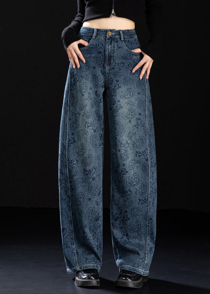 Boutique Blue Pockets Print Denim Pants Spring
