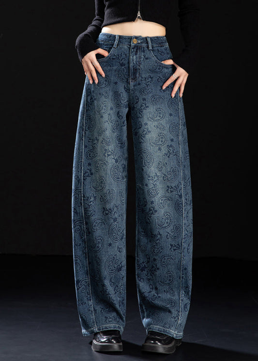 Boutique Blue Pockets Print Denim Pants Spring
