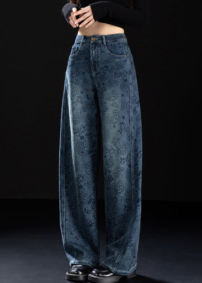 Boutique Blue Pockets Print Denim Pants Spring