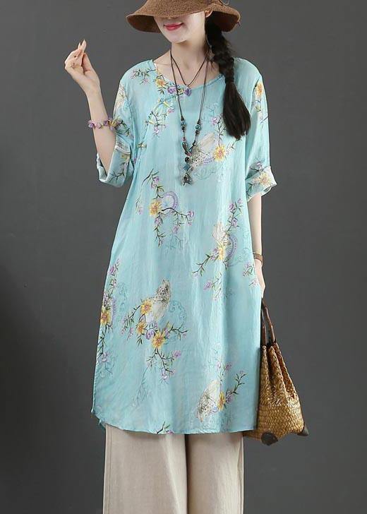 Boutique Blue Print Half Sleeve Long Linen Summer Tops - SooLinen