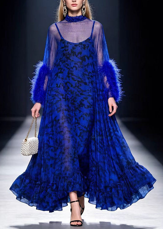 Boutique Blue Print Ruffled Fur Patchwork Cotton Maxi Dresses Spring