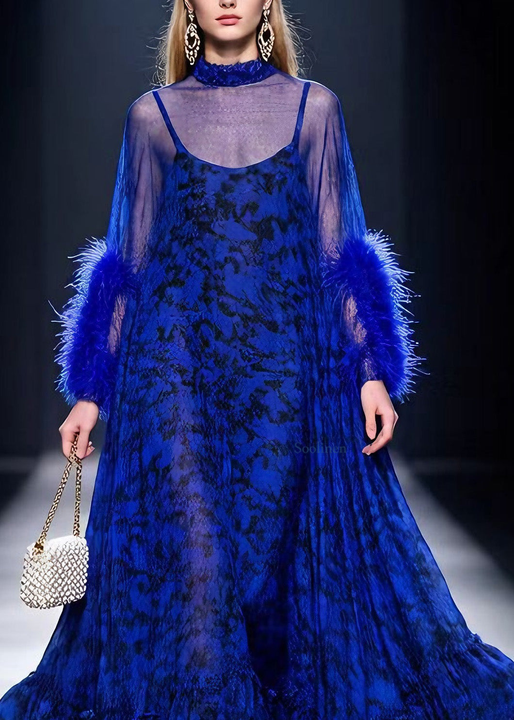 Boutique Blue Print Ruffled Fur Patchwork Cotton Maxi Dresses Spring