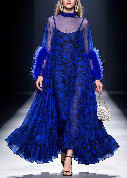 Boutique Blue Print Ruffled Fur Patchwork Cotton Maxi Dresses Spring