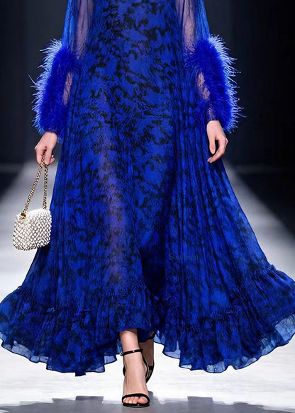 Boutique Blue Print Ruffled Fur Patchwork Cotton Maxi Dresses Spring