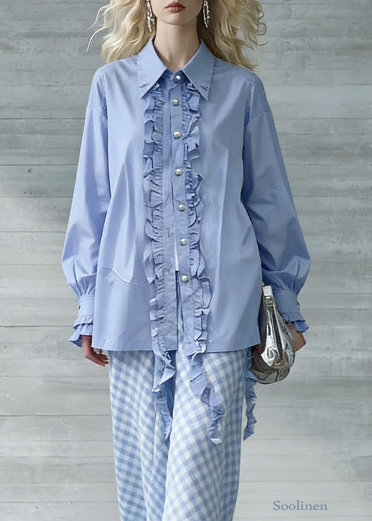 Boutique Blue Ruffled Button Cotton Blouses Spring