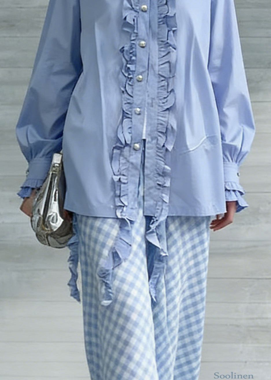 Boutique Blue Ruffled Button Cotton Blouses Spring