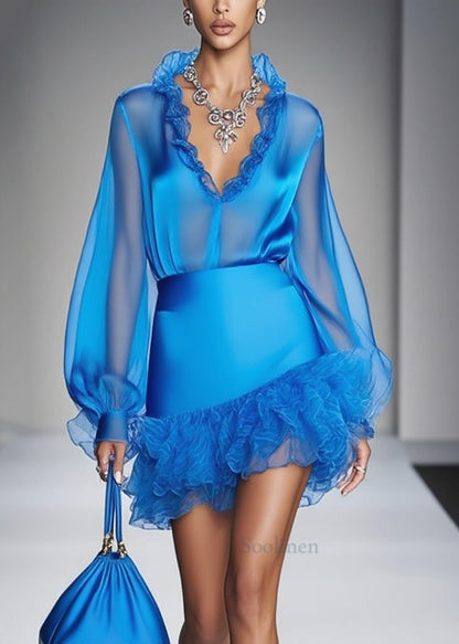 Boutique Blue Ruffled Patchwork Tulle Shirt And Skirt Two Piece Set Spring