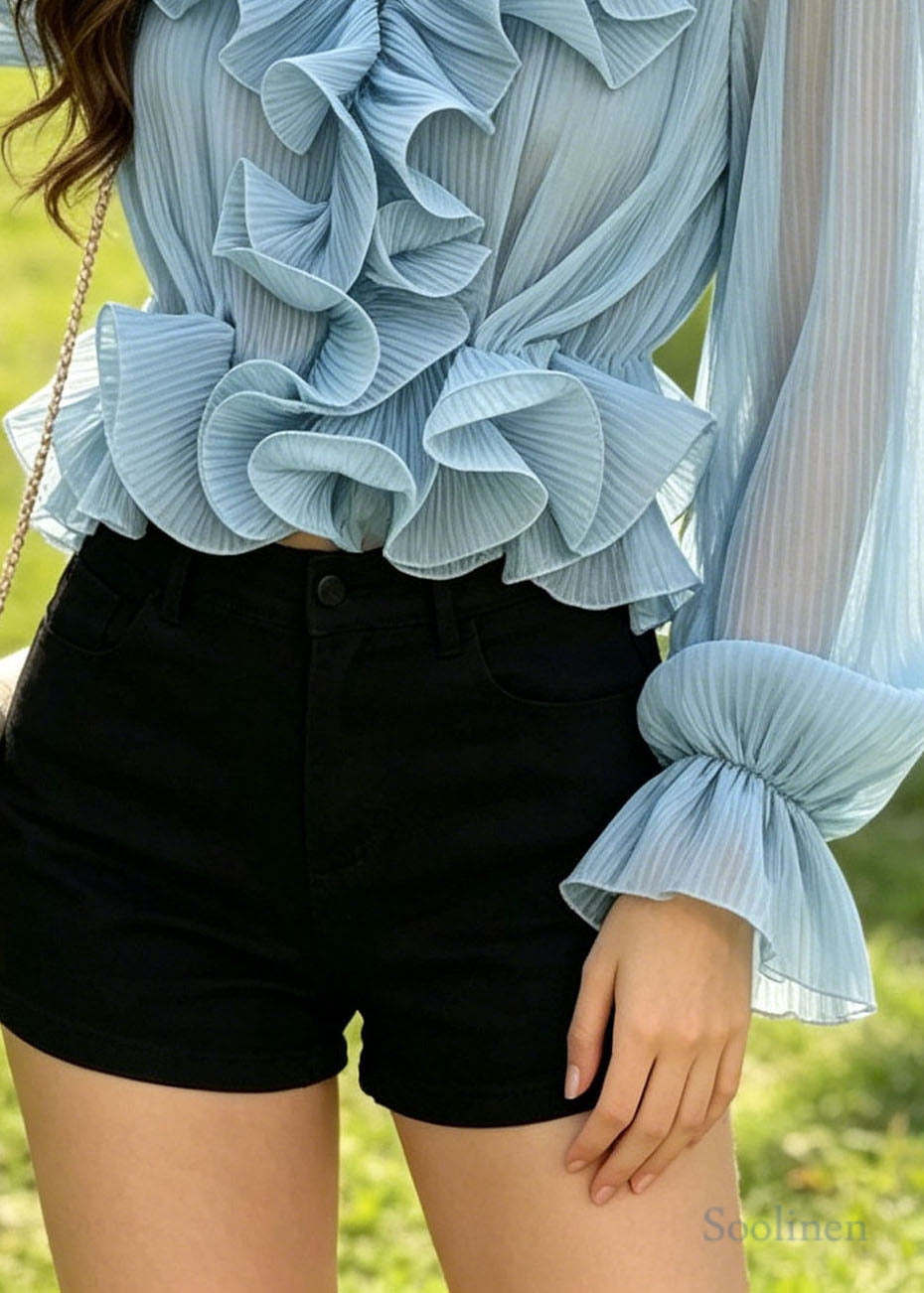 Boutique Blue Ruffled Wrinkled Chiffon Shirt Summer