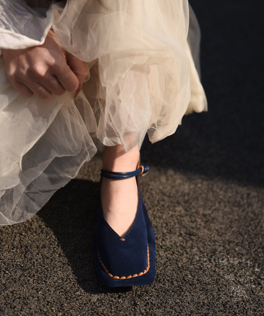 Boutique Blue Suede Flat Feet Shoes Splicing Buckle Strap