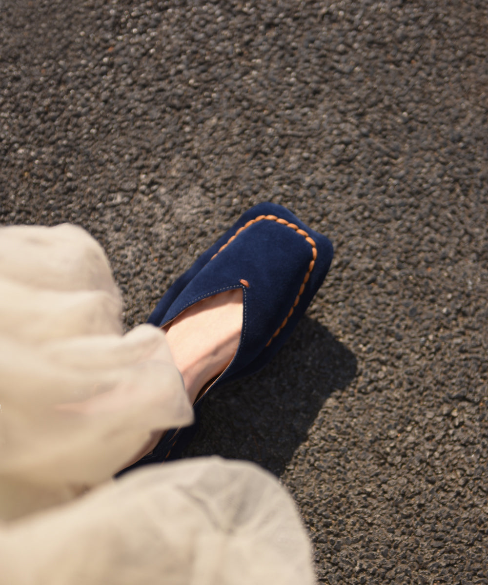 Boutique Blue Suede Flat Feet Shoes Splicing Buckle Strap